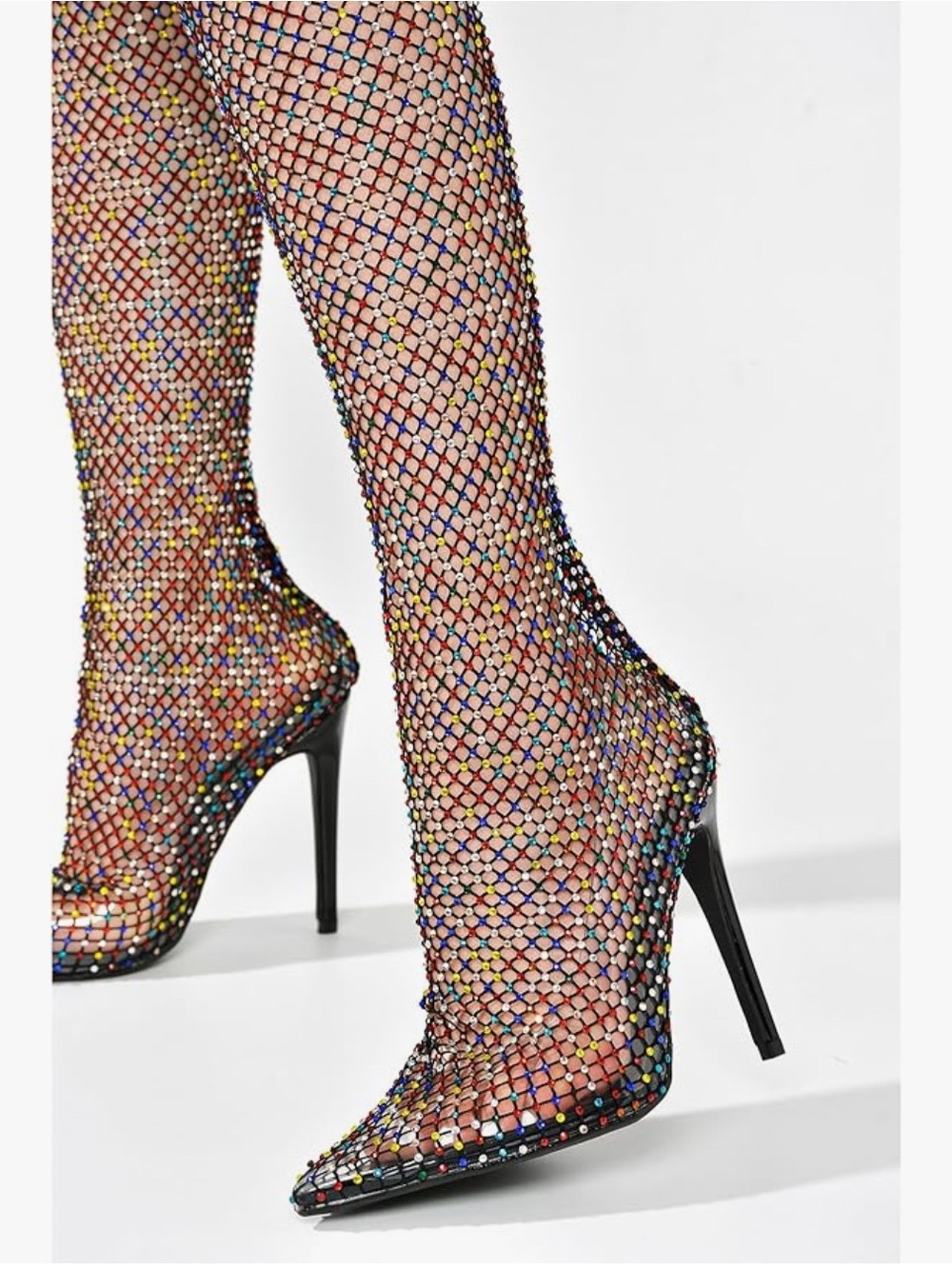 Fishnet Boots , Rhinestone  Thigh-High Boots - Multicolor - Picture 3 of 4